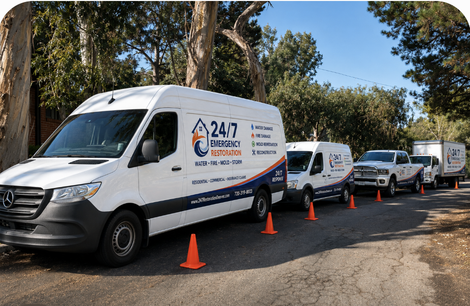 Line of 24/7 Emergency Restoration vans and trucks staged on a Denver street