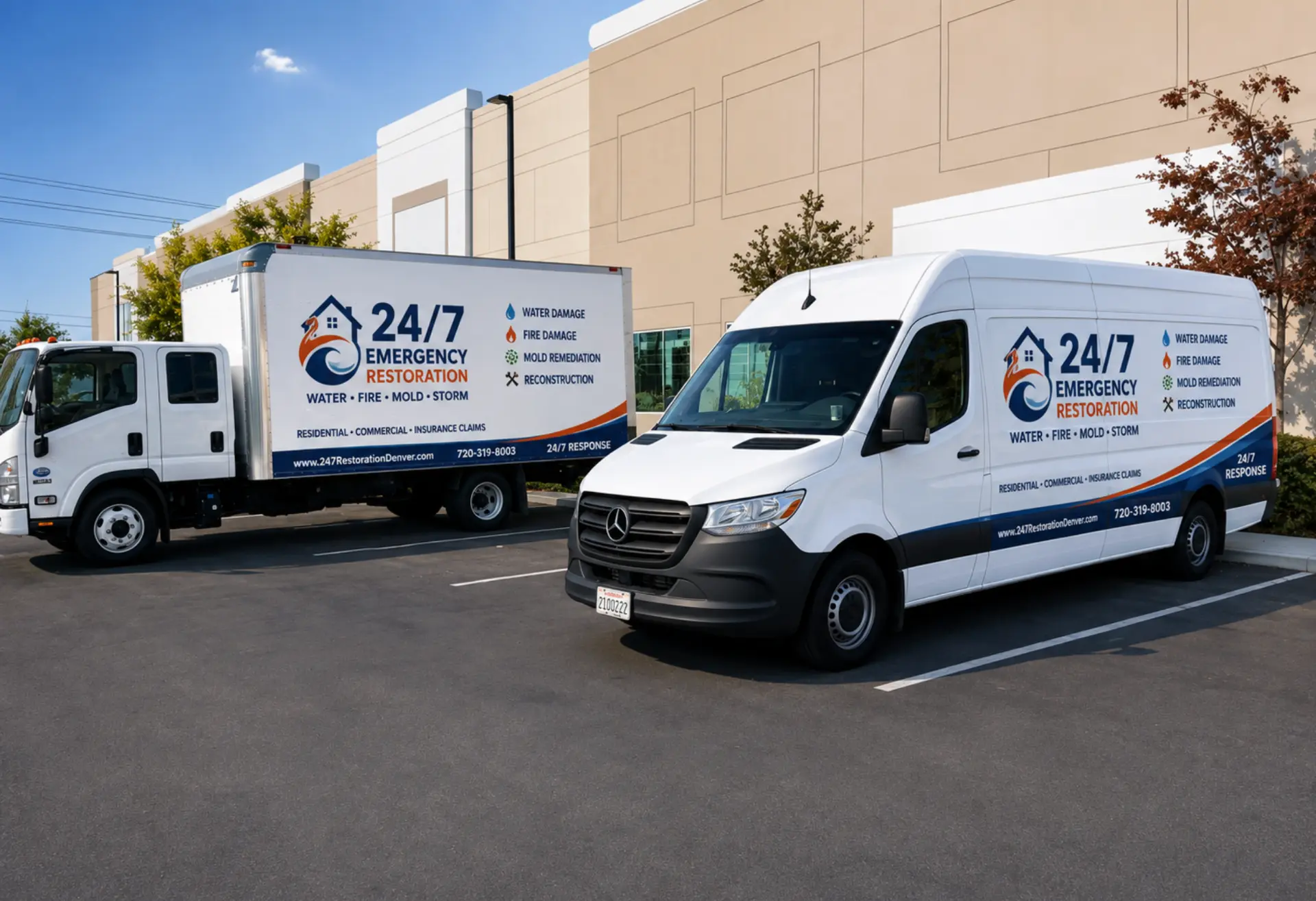 24/7 Emergency Restoration truck and van ready for Denver dispatch