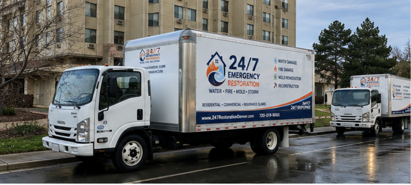 24/7 Emergency Restoration box trucks parked at a multi-family property