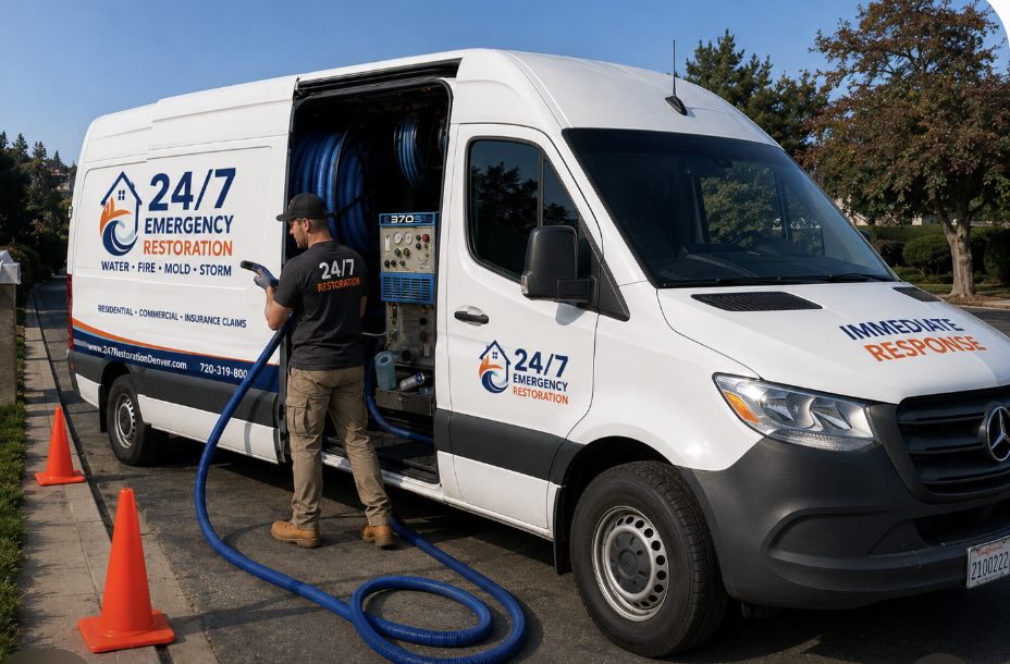 Restoration technician pulling an extraction hose from a 24/7 Emergency Restoration van