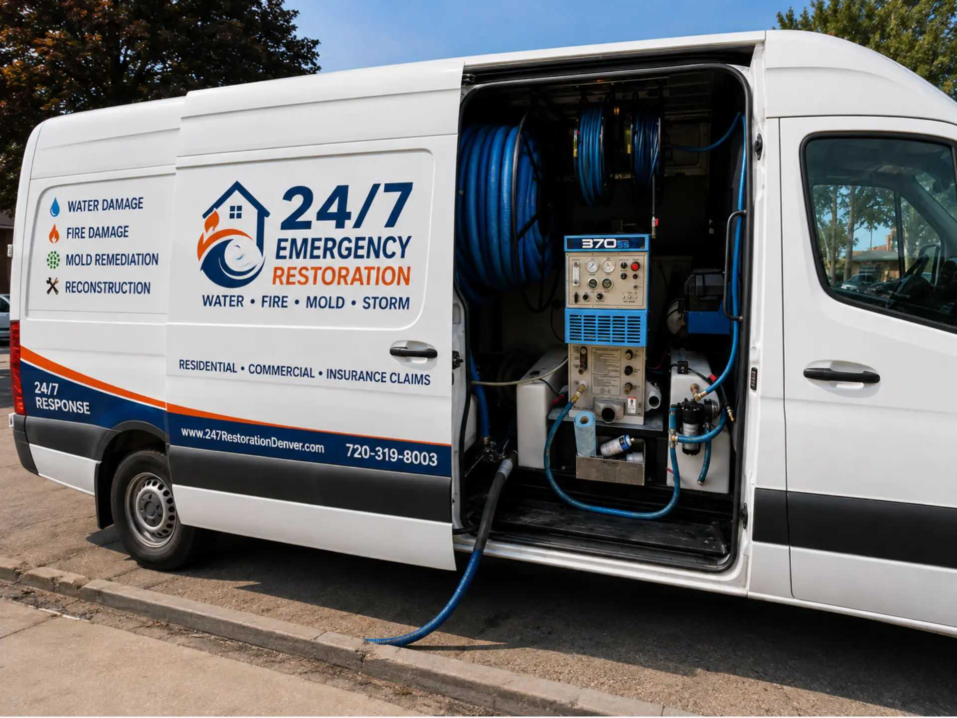 24/7 Emergency Restoration van with truck-mounted water extraction unit and hoses